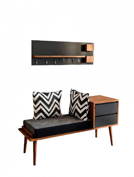 Set de mobilier pentru hol Isaacs, cuier si bancheta tapitata cu 2 sertare, pal melaminat, maro/gri