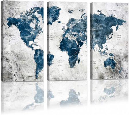 Set de tablouri KEKEMONO, 3 piese, model harta lumii, panza, gri/albastru inchis, 40 x 80 cm - Img 1