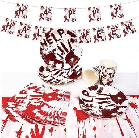 Set de vesela cu banner pentru Halloween Halcyerdu, hartie, rosu/visiniu/alb