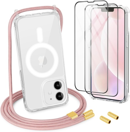 Set husa cu snur si 2 folii pentru iPhone 12 Mini DiDaDi, polipropilena/silicon/sticla, roz/transparent, 5,4 inchi