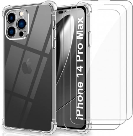 Set husa si 3 folii de protectie pentru IPhone 14 Pro Max YNMEacc, sticla securizata/silicon, transparent, 6,7 inchi