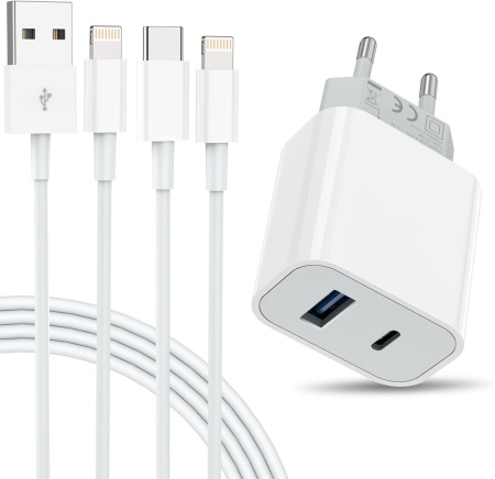 Set incarcator si 2 cabluri USB C si Lightning Everdigi, ABS/PC, alb, 32W, 1 m