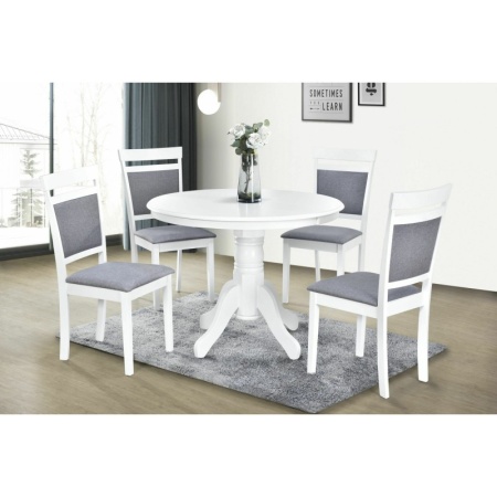 Set masa living si bucatarie KL Livia, MDF, lemn masiv si 4 scaune KL Oman, tapiterie stofa, sarcina maxima 120 kg, alb/gri