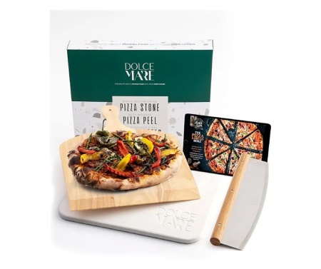 Set Piatra copt, lopata lemn si cutit pizza, DOLCE MARE, 38 cm x 30 cm x 1, 5 cm, Alb, Resigilat, Grad A