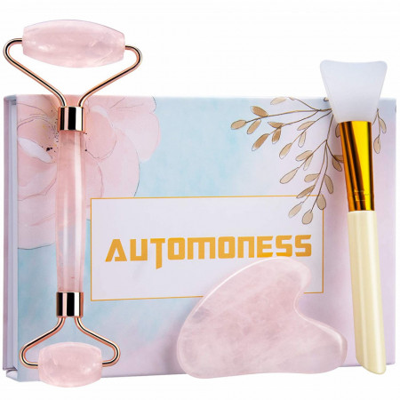 Set roller si piatra de jad pentru masaj facial Automoness, auriu/roz