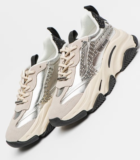 Steve Madden, Pantofi sport cu garnituri de piele intoarsa, Argintiu, 38, Resigilat, Grad A - Img 1