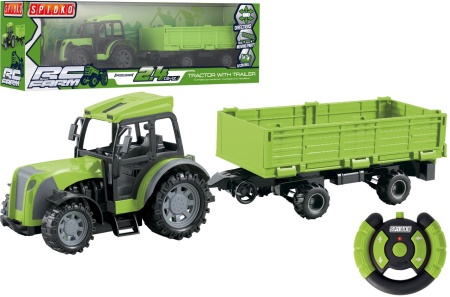 Tractor cu remorca si telecomanda pentru copii, Globo Spidko, culoare verde, remorca rabatabila, functii complete de control, frecventa 2.4Ghz, scara 1:24, 52 cm lungime