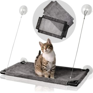 Amazy pat suspendat pisici geam 60x35x5 cm, ventuze puternice 30 kg, husa plus lavabila, jucarie pene inclusa - Verificat A · Re-Bloom