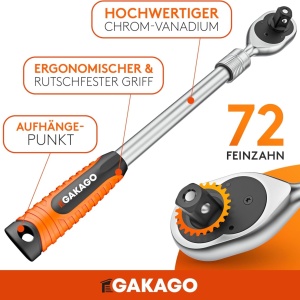 Antrenor extensibil cu clichet Gakago, 1/2", otel crom-vanadiu, 72 dinti, 615 Nm, 46-60 cm