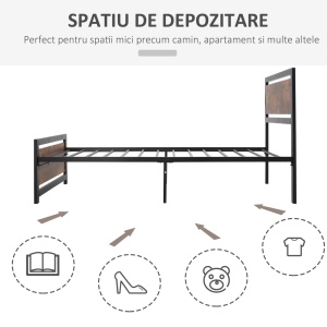 Cadru de pat single stil industrial, otel/MDF, 97x208x103 cm, sipci incluse, capacitate 150kg, negru/maro rustic - Verificat A · Re-Bloom - Img 5