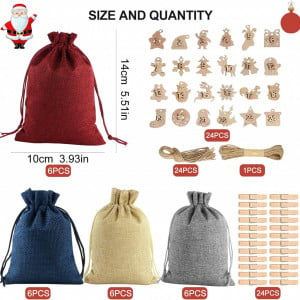 Calendar de advent cu 24 saculeti clipsuri si etichete pentru Craciun OPPLAYER, textil/lemn, multicolor