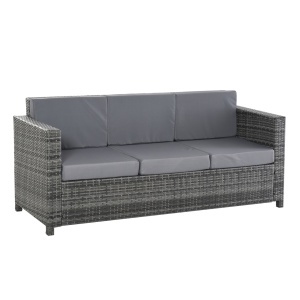Canapea de exterior 3 locuri, ratan PE/metal/poliester, 185x70x80 cm, sezut 165x60cm/inaltime 35cm, perne sezut 10cm + spatar 8cm cu huse detasabile, capacitate 180kg/loc, gri - Verificat A · Re-Bloom