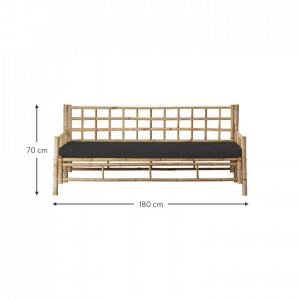 Canapea pentru gradina Mandisa, bambus/panza, maro deschis/negru, 180 x 70 x 80 cm - Img 2