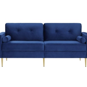 Canapea Vasagle, 3 locuri, catifea/lemn/metal, albastru inchis/auriu, 78 x 88 x 183 cm