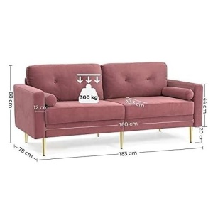 Canapea Vasagle, 3 locuri, catifea/lemn/metal, roz/auriu, 78 x 88 x 183 cm