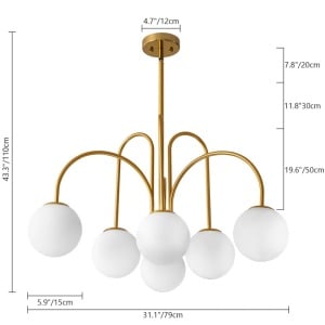 Candelabru Spoffo, 6 lumini, metal/sticla, auriu/alb, 79 x 110 cm