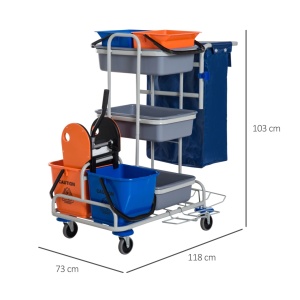 Carucior profesional de curatenie cu 4 galeti 118x73x103 cm, fier/PP/Oxford, tava port-obiecte, storcator inclus, gri - Verificat A · Re-Bloom - Img 3