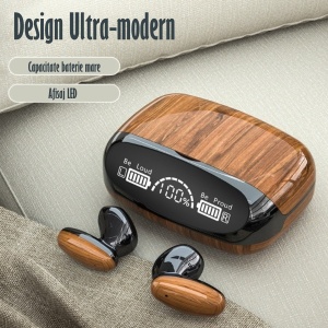 Casti Audio Wireless fara fir, Bluetooth 5.1, tip Earbuds cu Control Touch, Microfon, Noise Cancelling, True Wireless Stereo, tip Earpods Telefon, Universale, Carcasa magnetica, Lemn - Img 2