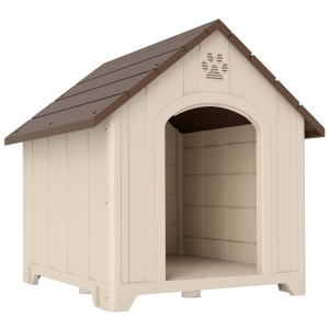 Casuta pentru caini de exterior talie mare/XL, PP impermeabil, 102x94x103 cm, interior 95x82x91cm, usa 42x63cm, ferestre 14x12cm, picioare 5cm, potrivita animale <75cm/<40kg, bej/maro inchis - Verificat A · Re-Bloom