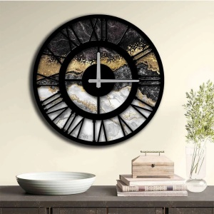 Ceas decorativ de perete MDF, diametru 50 cm, gri/auriu/negru - Verificat A · Re-Bloom - Img 2