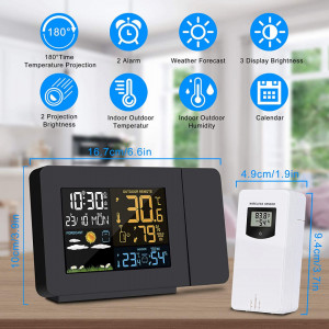 Ceas digital de masa cu proiectie, alarma, termometru si senzor exterior, umiditate Kalawen, plastic, negru, 16,7 x 10 cm - Img 8