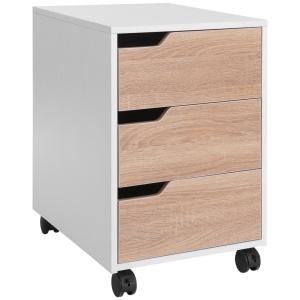 Comoda de birou cu 3 sertare 40x50x57.5 cm, MDF, ghidaje culisante, 4 roti din care 2 cu frana, manere ingropate, alb si lemn - Verificat A · Re-Bloom