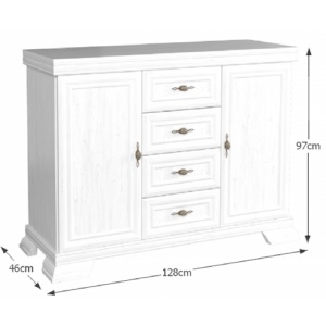 Comoda living VM3, 2 usi, 4 sertare, Alb Antichizat, 128 x 46 x 97 cm - Img 3