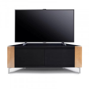 Comoda TV Allene, lemn fabricat/sticla/otel inoxidabil, negru/natur, 45 x 120 x 47 cm