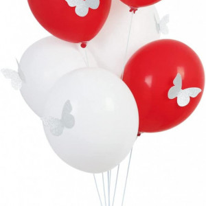 Copac cu 6 baloane cu 6 autocolante fluture PARTY GO, latex/plastic, rosu/alb, 80 cm - Img 1