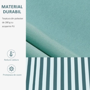 Copertina de soare cu brate reglabile si manivela, aluminiu/poliester, 295cm latime, extensie max 250cm, rola aluminiu 6cm, bara torsiune otel 35x35mm, verde/alb - Verificat A · Re-Bloom - Img 6