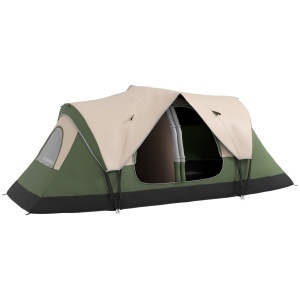 Cort de camping Re-Bloom, poliester/fibra sticla, 450x215x180 cm, 6 persoane, 2 camere separate, rezistenta vant nivel 3-5, 16 tarusi+6 corzi+geanta incluse, verde inchis - Verificat A · Re-Bloom