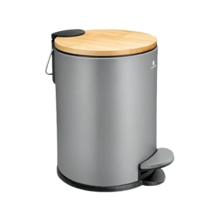 Cos de gunoi cu pedala Exitoso, Gri, Capac din lemn de bambus, Soft Close, 3l, Resigilat, Grad A