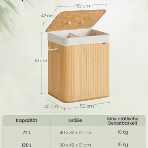 Cos pentru rufe Songmics, 2 compartimente, bambus/textil, natur, 50 x 40 x 61 cm, Resigilat, Grad A - Img 2