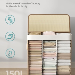 Cos pentru rufe Songmics, 3 compartimente, bambus/textil/metal, natur, 60 x 40 x 61,5 cm, Resigilat, Grad A - Img 3