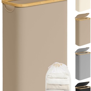 Cos pentru rufe Songmics, panza Oxford/bambus, maro/natur, 42 x 22,5 x 70,5 cm, 65L