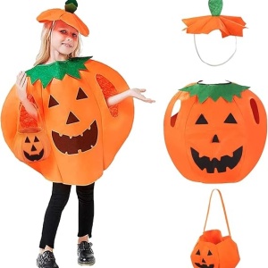 Costum pentru Halloween Hxozmy, model bostan, textil, portocaliu/verde, 3 piese