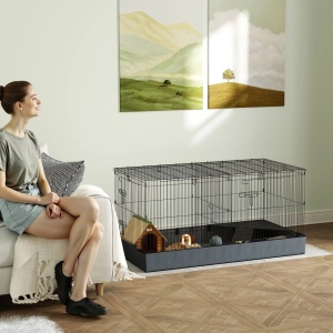 Cusca 2in1 animale mici 121x61x61 cm, tarc + spatiu joaca, 2 sectiuni separate, platforma, rampa, fund impermeabil Oxford, negru/gri - Verificat A · Re-Bloom - Img 2