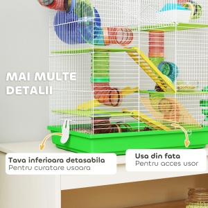 Cusca pentru hamsteri cu 5 niveluri, metal/PP/PS, 47x30x59 cm, tuba colorate, roata Ø13cm, casuta 14x9.5x9.5cm, bol + adapator 75ml incluse, verde - Verificat A · Re-Bloom - Img 4