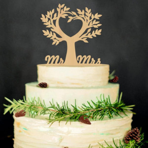 Decoratiune pentru tort Mr & Mrs YiYaO, lemn, auriu, 16,1 x 13 cm