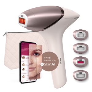 Epilator IPL Philips Lumea Seria 9900 BRI977/00, Senzor Smartskin, tehnologie SenseIQ, conectare la aplicatie cu functii Skin AI, utilizare cu sau fara fir, 450.000 impusuri, accesoriu fata, corp, axila si inghinal, Roz pudra, Resigilat, Grad A