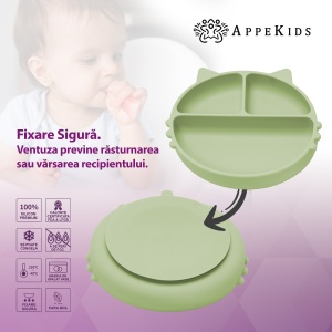 Farfurie compartimentata din silicon cu ventuza, AppeKids - Kitty - Raw Green - Img 3