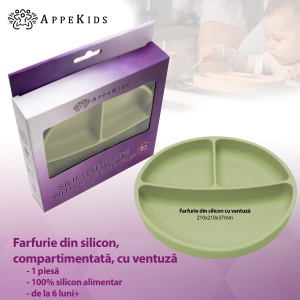 Farfurie compartimentata din silicon cu ventuza, AppeKids - Raw Green - Img 2