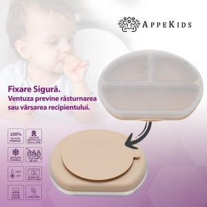 Farfurie compartimentata din silicon cu ventuza si capac, AppeKids - Bubble Beige - Img 3