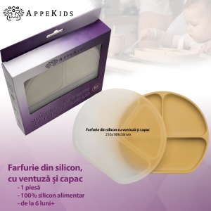 Farfurie compartimentata din silicon cu ventuza si capac, AppeKids - Honey - Img 2