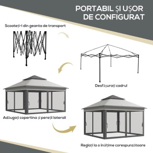 Foisor cu plase reglabil 3 niveluri Re-Bloom, otel/Oxford/plasa, 326x326x272 cm, stresina 177 cm, pereti plasa 294x198 cm, 4 franghii+8 tarusi+geanta incluse, gri deschis/gri inchis - Verificat A · Re-Bloom - Img 6