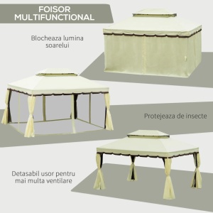 Foisor de gradina 4x3 m Re-Bloom, aluminiu/poliester/plasa nylon, 390x290x270 cm, acoperis dublu anti-UV, plasa tantari+perdele incluse, stresina 195 cm, crem/maro - Verificat A · Re-Bloom - Img 4