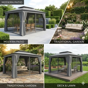Foisor de gradina cu 2 niveluri, plasa tantari si perdele, 380x300x270 cm, acoperis UPF30+, coloane metal vopsit electrostatic, gri inchis - Verificat A · Re-Bloom - Img 3