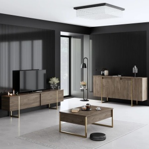 Forme XL set 3 piese living, comoda TV 180cm, masuta cafea 90cm, comoda 160cm, PAL 18mm, picioare metal, nuc si auriu - Verificat A · Re-Bloom - Img 2