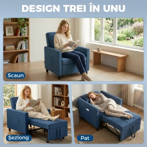 Fotoliu reclinabil Re-Bloom, textil efect in/otel/eucalipt/spuma, fotoliu 69x82x85 cm, pat 53x170x45 cm, perna inclusa, 150 kg, albastru - Verificat A · Re-Bloom - Img 4