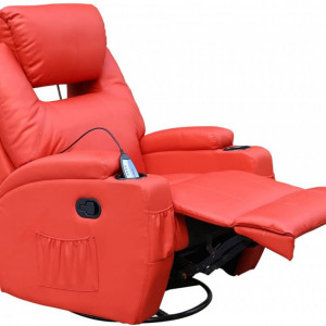 Fotoliu recliner Cinemo, cu masaj, incalzire, rotativ si cu suport pentru bauturi, piele naturala, rosu - Img 2